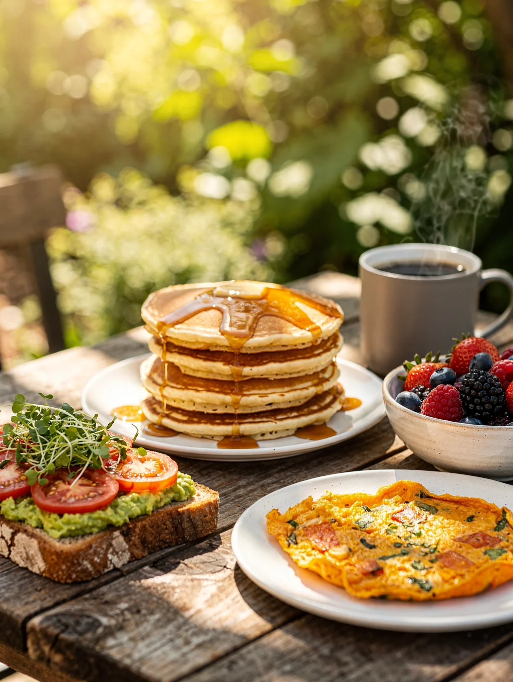 Sunlit brunch table with fresh pastries and coffee